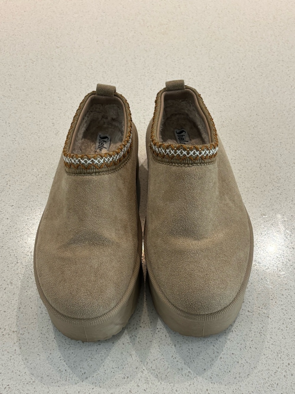 Taupe Slip-On Platform Mules with Trim